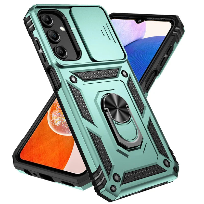 Slide Camera Lens Military Grade Armor Case For Samsung Galaxy A15 A25 A35 A55 5G Phone Holder Ring Stand Cover