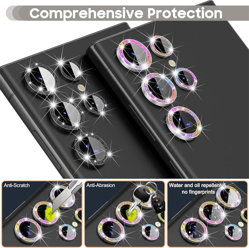 Glitter Diamond Camera Lens Protector For Samsung Galaxy S25 Ultra S25Plus S24Ultra S23 22Ultra Metal Ring Tempered Glass Cover