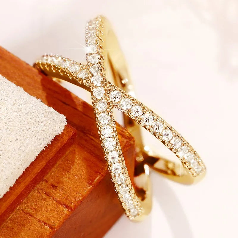 Simple Stylish Cross Shape Cubic Zirconia Rings for Women Fashon Female Finger Accessory Wedding Bands Statement Jewelry