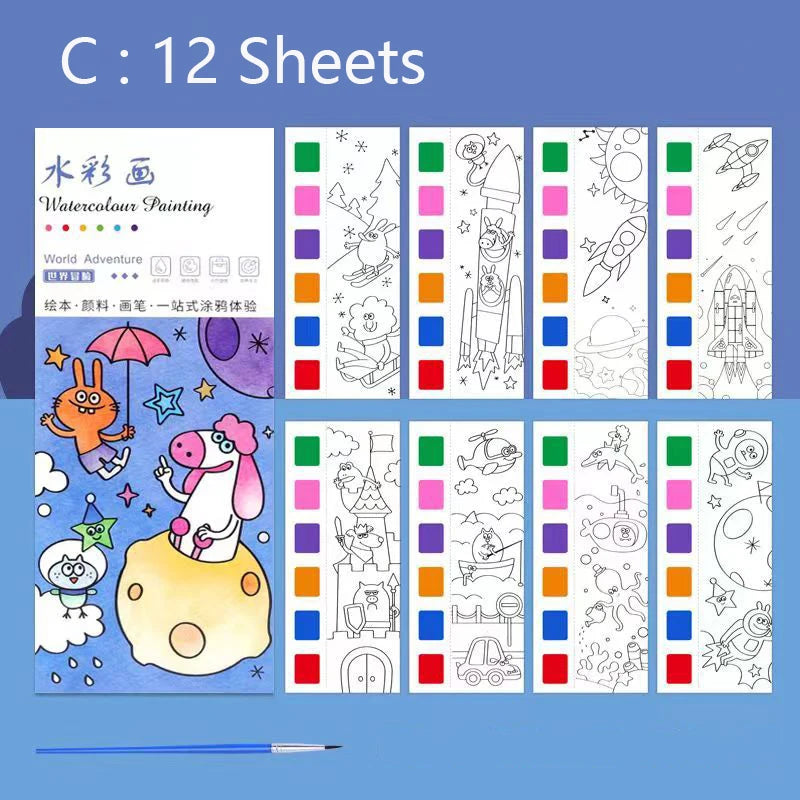 Portable Watercolor Painting Book 12 Sheets Coloring Book With Paint Brush Gouache Book Kids Graffiti Picture Drawing Toys