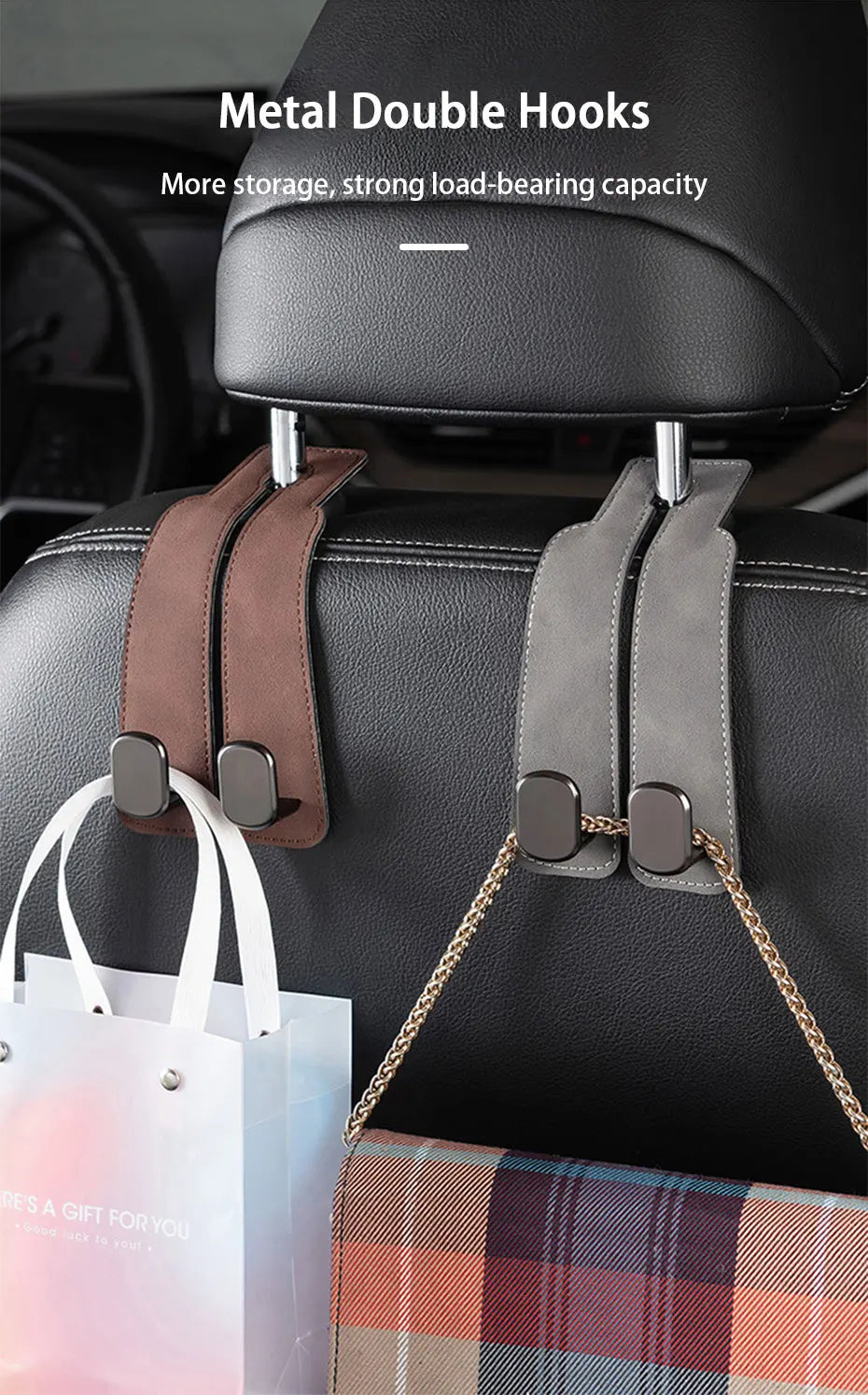 SEAMETAL Quality Car Headrest Hook Premium Suede Rear Seat Hanging Dual Hook 20KG Large Load-Bearing Alloy Hook Hanger Universal