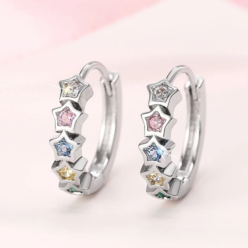 Trendy Star Hoop Circle Earrings Female Bright Rainbow Colored Zirconia Accessories Silver Color Jewelry for Daily Wear