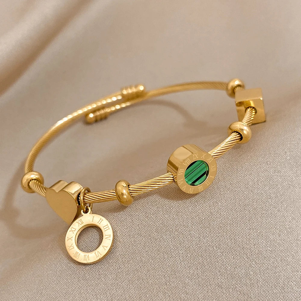 AENSOA 316L Stainless Steel Malachite Roman Letters Charm Bangles Bracelets for Women Gold Color Waterproof Wrist Jewelry Gift