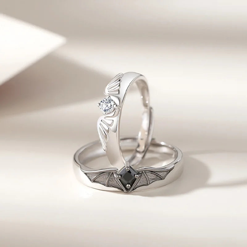 Luxury Crystal Angel Demon Couple Rings for Women Men Romantic Fashion Wings Design Adjustable Engagement Ring Wedding Jewelry