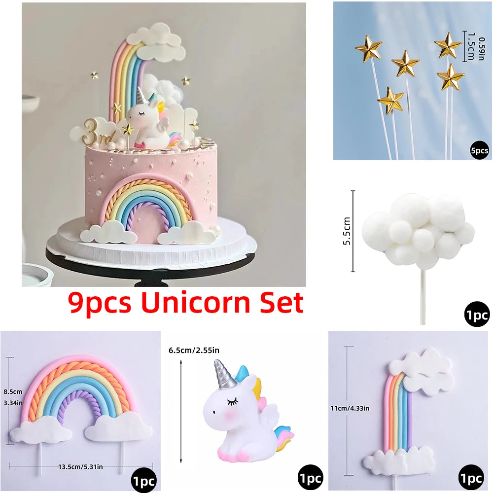 9 pcs unicorn rainbow cake topper unicorn with rainbow clouds stars Happy birthday cake decorations for girls one year old party