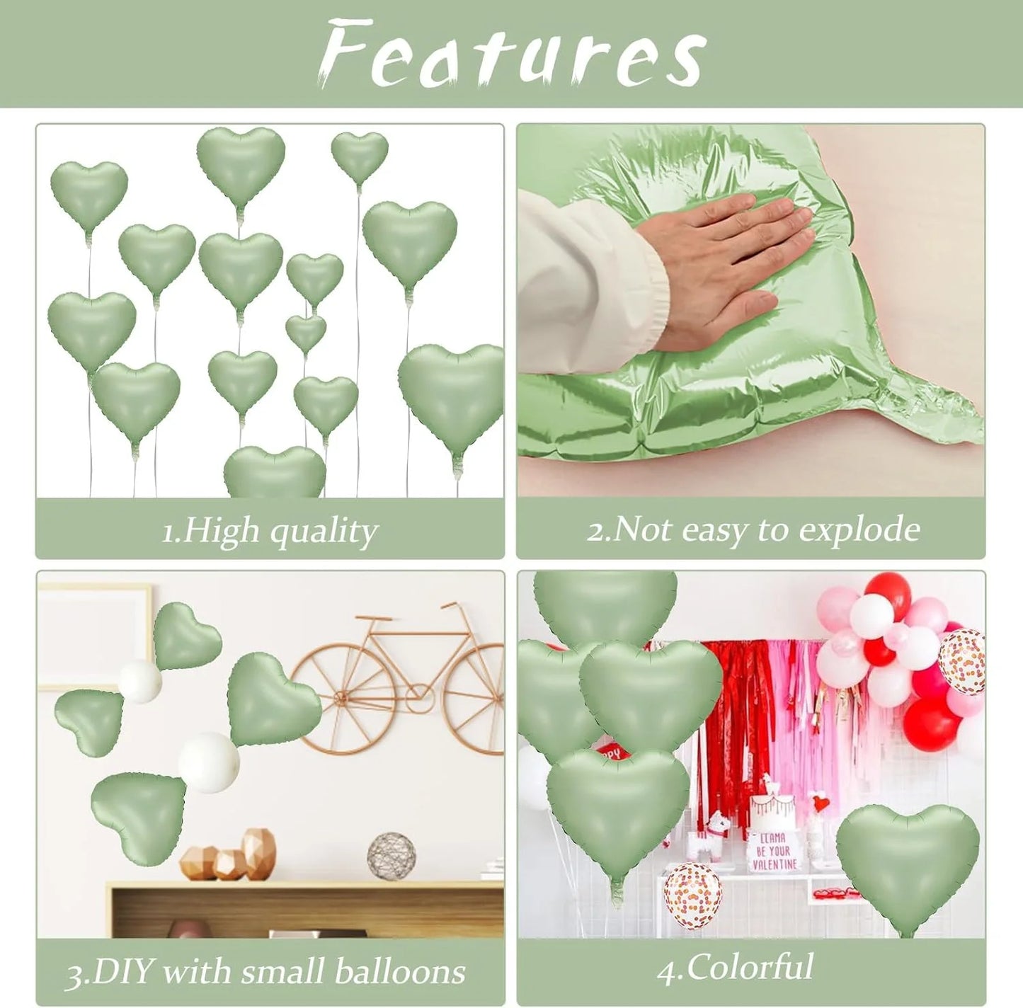 10pcs 18inch Heart Foil Balloons Pink Sage Green Heart Balloon for Birthday Party Valentines Day Wedding Anniversary Decorations