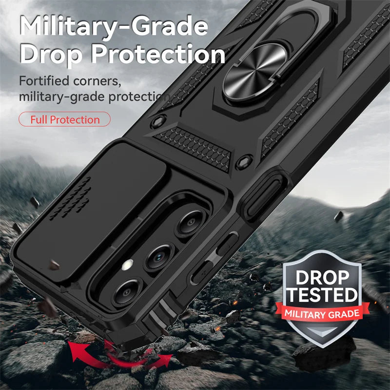 Slide Camera Lens Military Grade Armor Case For Samsung Galaxy A15 A25 A35 A55 5G Phone Holder Ring Stand Cover