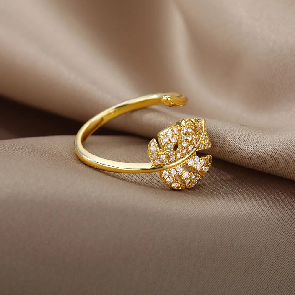 Fashion Palm Leaf Shape Open Rings For Women Gold Color Zircon Adjustable Finger Ring Girls Korean Party Jewelry Gift