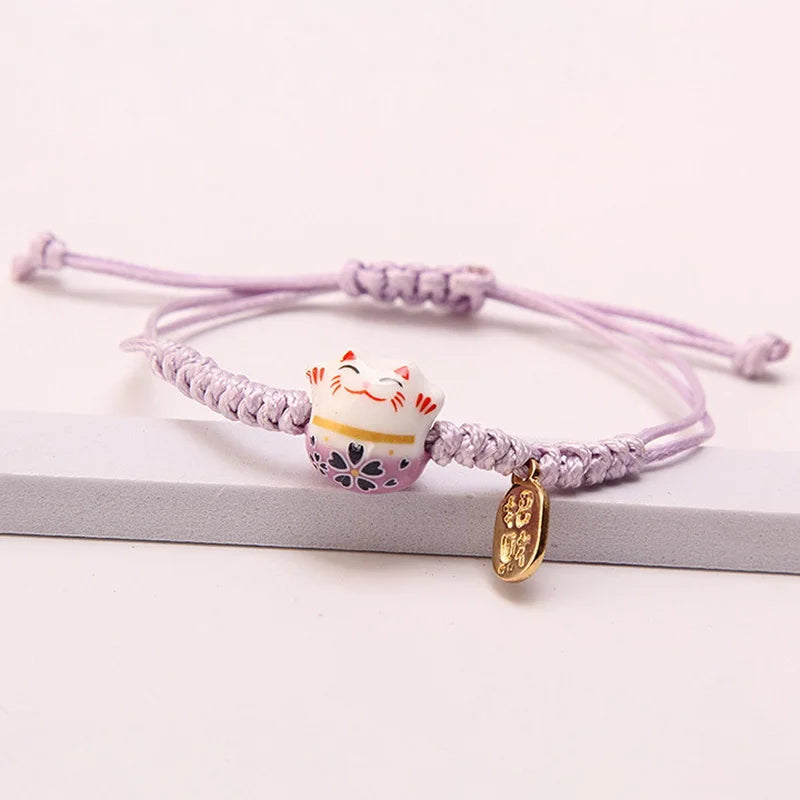 Simple Ceramic Lucky Cat Braided Bracelet for Women Cute Animal Kitten Hand-woven Adjustable Bangles Party Harajuku Jewelry Gift