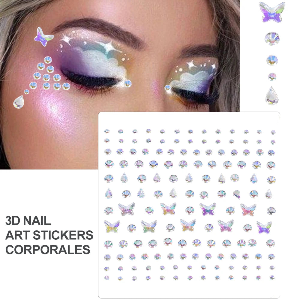 3D Face Eyes Party Makeup Tattoo Sticker Acrylic Diamond Rhinestones Sticker Self-adhesive Mixed Crystal Face Decoration Sticker