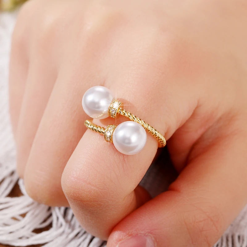Temperament Double Imitation Pearl Open Ring Twist Gold Color Band New Fashion Women's Accessories Wedding Jewelry 2023