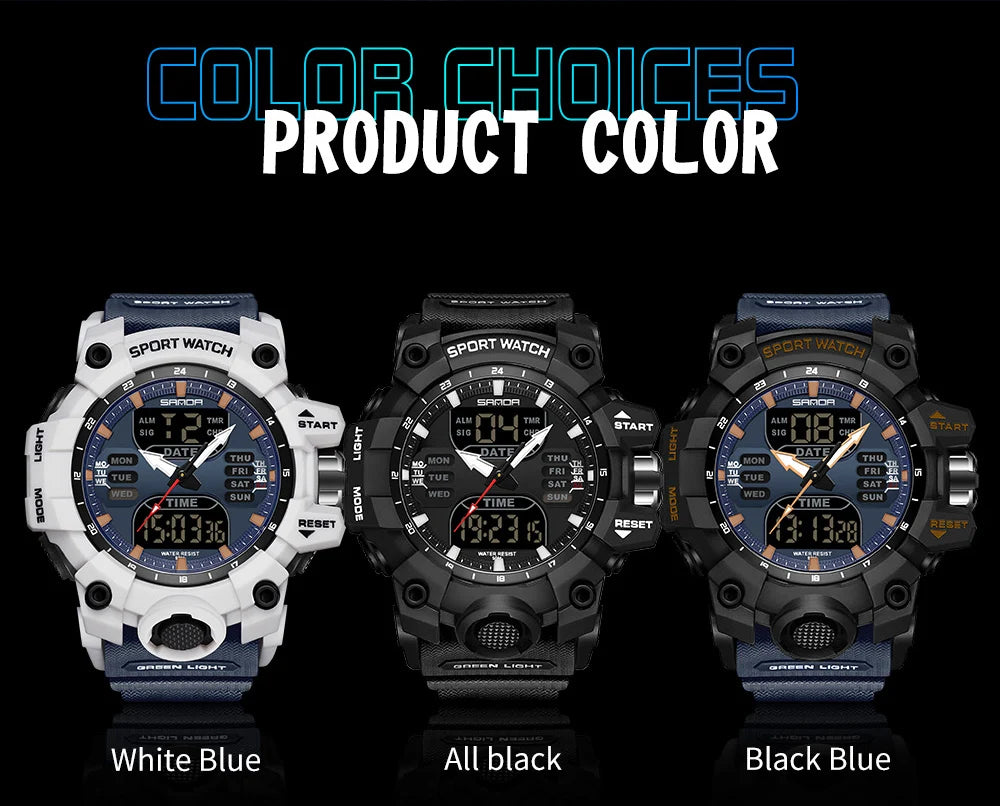 SANDA Luxury G Style Men's Electronic Watch Outdoor Sports LED Analog Digital Chronograph Military Dual Display 50M Waterproof