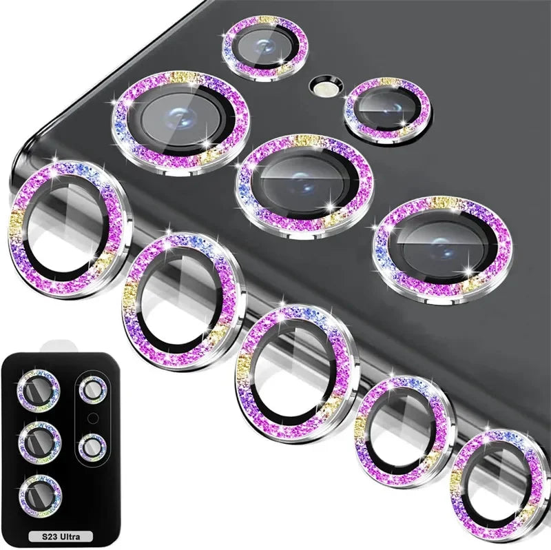Glitter Diamond Camera Lens Protector For Samsung Galaxy S25 Ultra S25Plus S24Ultra S23 22Ultra Metal Ring Tempered Glass Cover