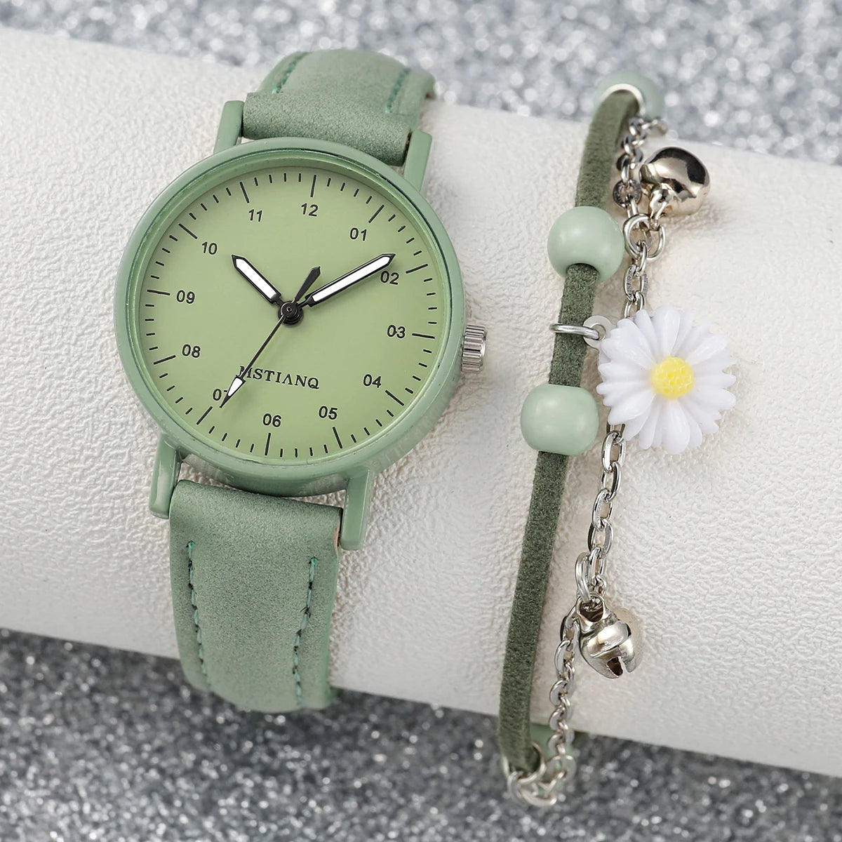 2PCS/Set Women's Watch Fashion Arabic Dial Leather Band Quartz Watches Flower Bracelet Set Reloj Mujer Girls Clock Gift