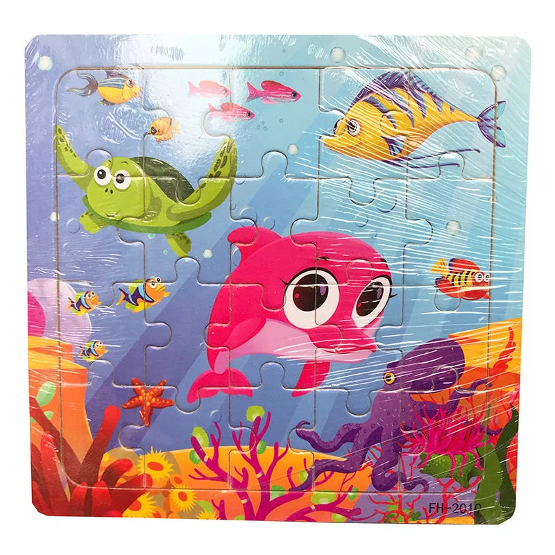 Baby Toys 20Piece Wooden Puzzle Cartoon Animal Vehicle 3D Jigsaw Puzzle Game Montessori Educational Toys For Children Gifts