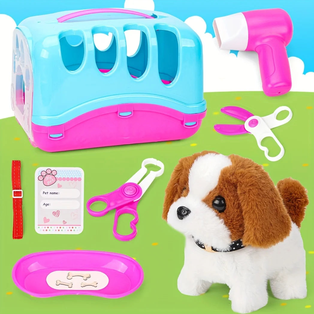 Pet Puppy Care Accessories with Dog House -Simulated Brador Dog Call Plush Toy - Children Interactive Vet Clinic Doctor - Role