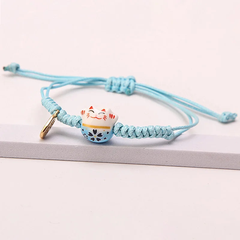 Simple Ceramic Lucky Cat Braided Bracelet for Women Cute Animal Kitten Hand-woven Adjustable Bangles Party Harajuku Jewelry Gift