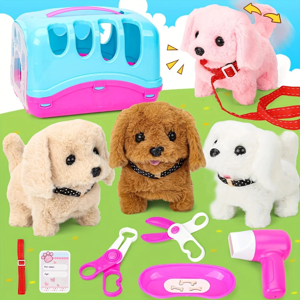 Pet Puppy Care Accessories with Dog House -Simulated Brador Dog Call Plush Toy - Children Interactive Vet Clinic Doctor - Role