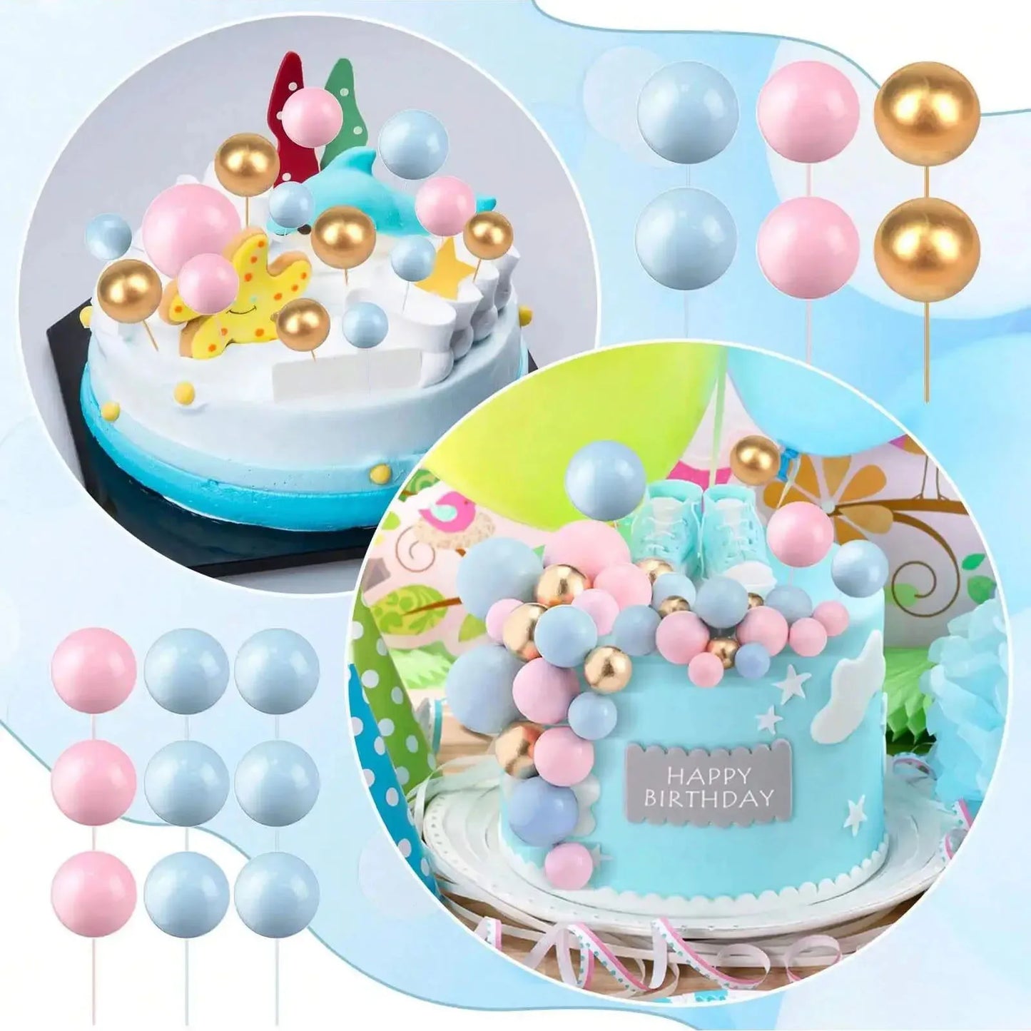 68pcs/set gold ball mini balloon cake hats foam decorated spherical cake insert hats for birthday parties and holiday decoration