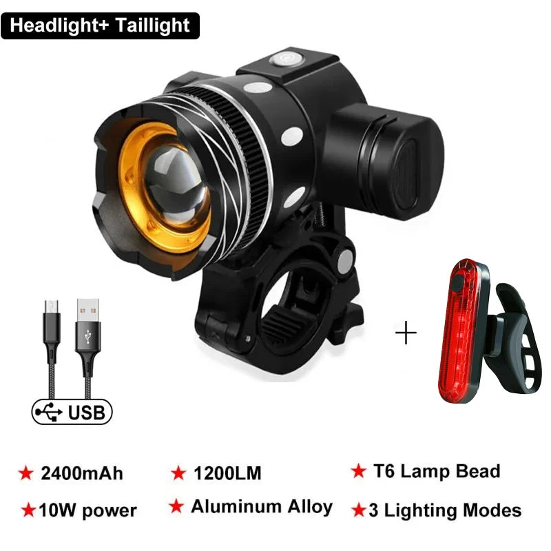NEW T6 LED Bicycle Front Light With Taillight USB Rechargeable Lantern Zoom Bike Headlight Cycling Flashlight Bike Accessories