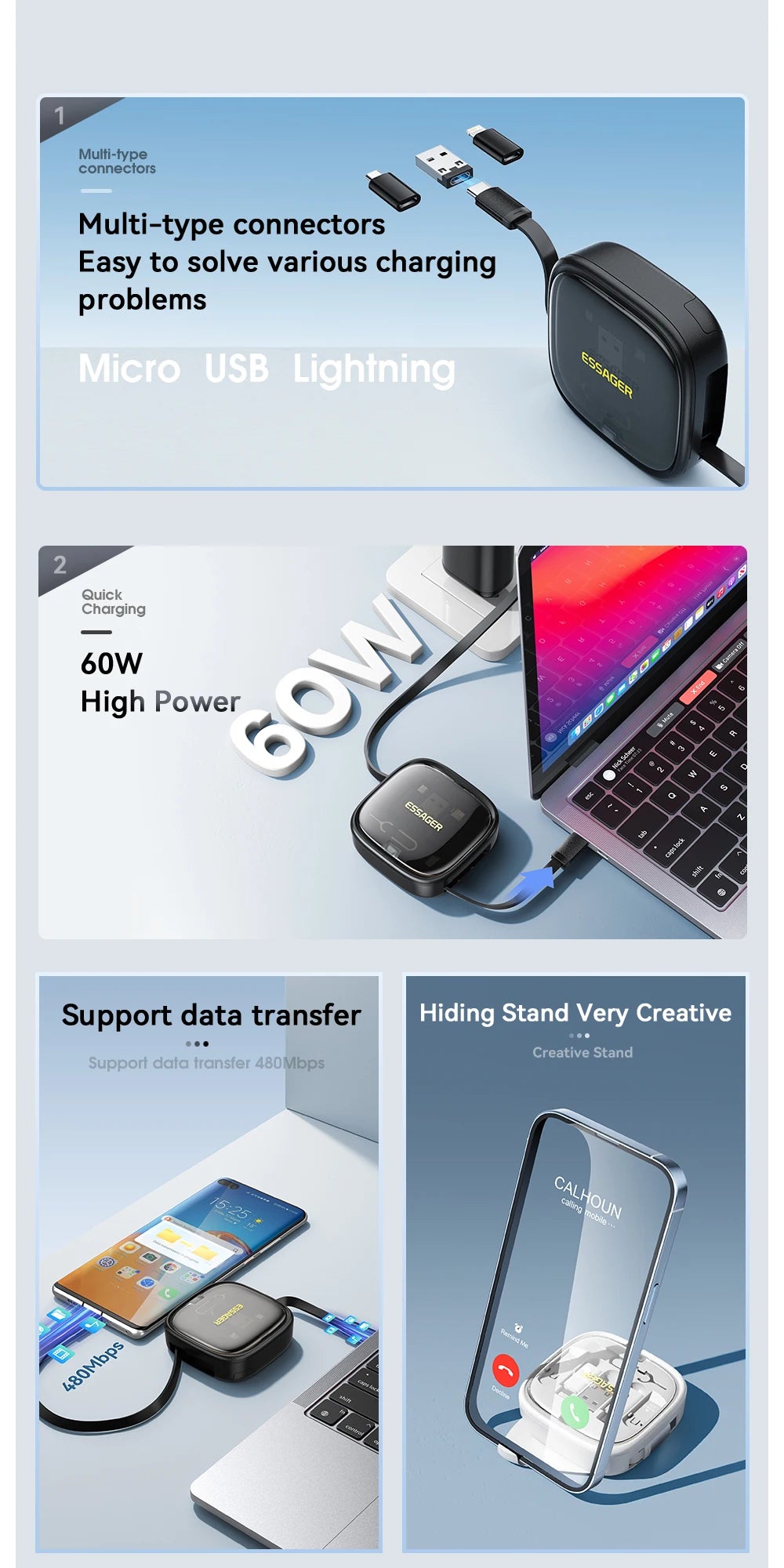 Essager USB C To Tpye C Cable PD 60W for Xiaomi Poco Fast Charging Data Travel Multi Functional Cord With Holder Storage Box