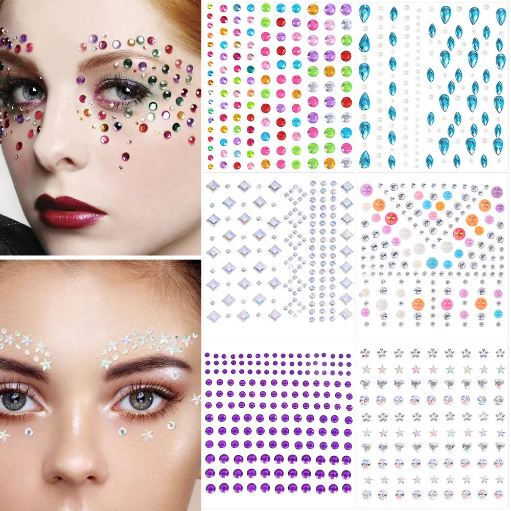 3D Face Eyes Party Makeup Tattoo Sticker Acrylic Diamond Rhinestones Sticker Self-adhesive Mixed Crystal Face Decoration Sticker