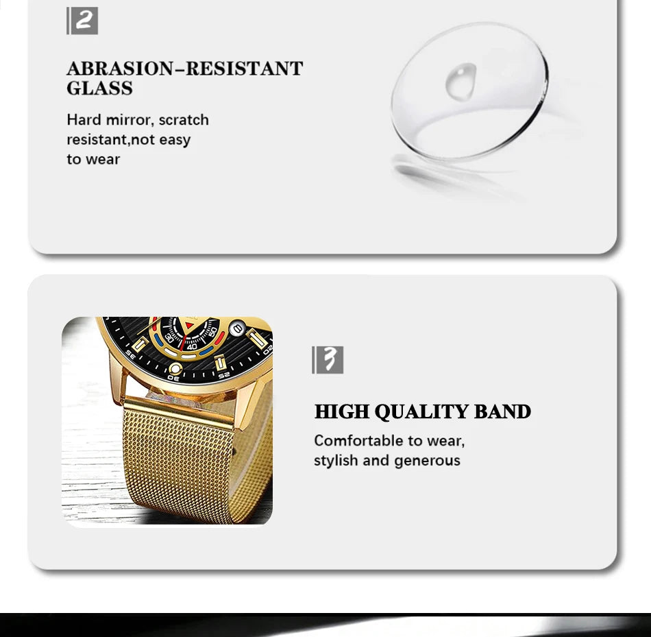 Fashion Mens Business Watches Luxury Stainless Steel Mesh Belt Quartz Wrist Watch Luminous Clock Men Casual Calendar Watch