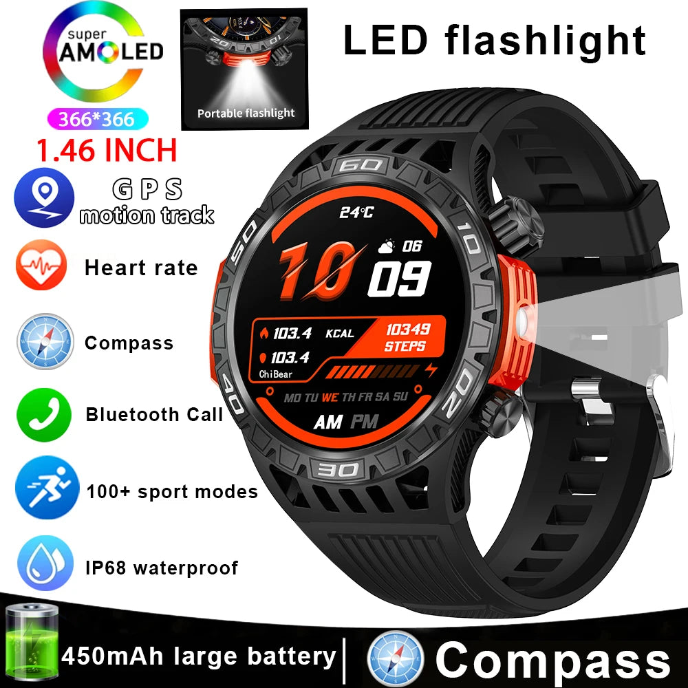Outdoor Military Smart Watch Men's With LED lighting Bluetooth Call Smartwatch 3ATM IP68 Waterproof Compass Sports Fitness Watch