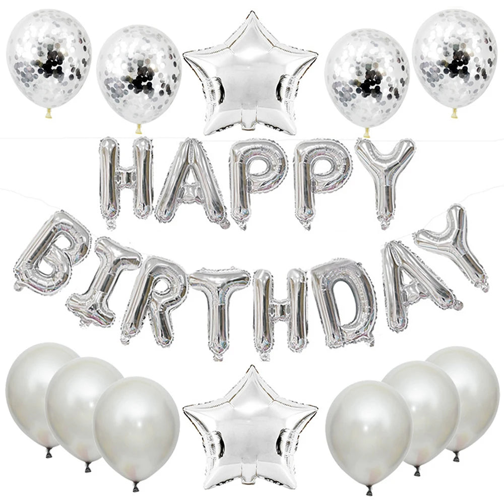 25pcs Balloons Set with Happy Birthday Banner Silver Blue Black Rose Gold Party