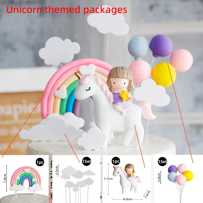 9 pcs unicorn rainbow cake topper unicorn with rainbow clouds stars Happy birthday cake decorations for girls one year old party