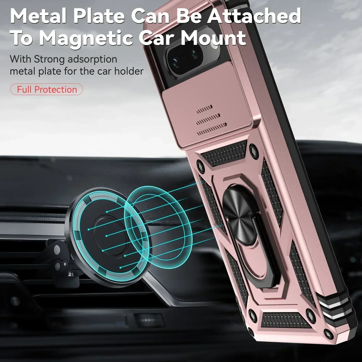 Shockproof Hybrid Dual Layer Magnetic Metal Ring stand Case For Google Pixel 9 8 7 Pro 6 6A 7A Slide Camera Lens Protetion Cover