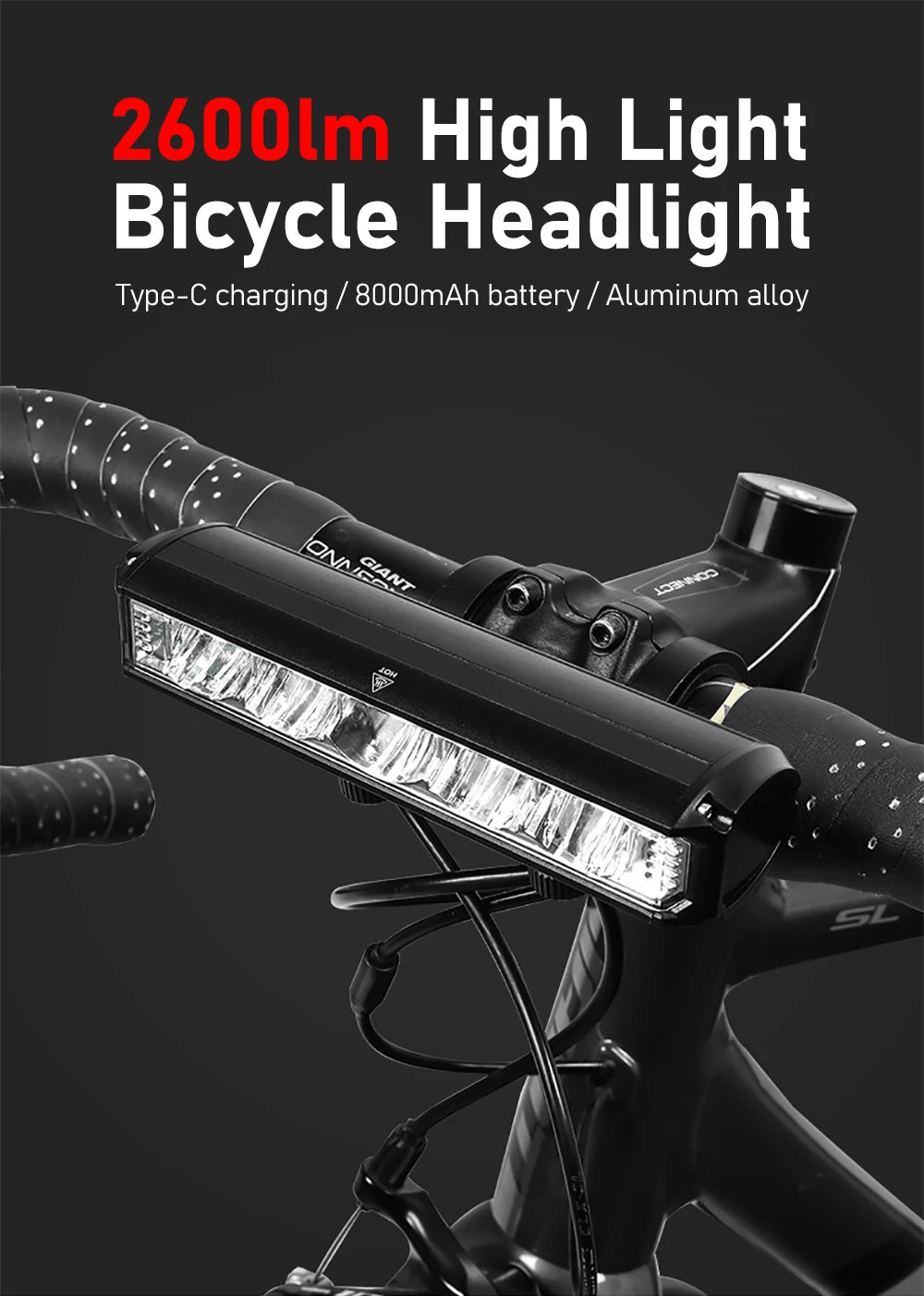 TOPRIDER Bicycle Light Front 2600Lumen Bike Light 8000mAh Waterproof Flashlight USB Charging MTB Road Cycling Lamp Accessories