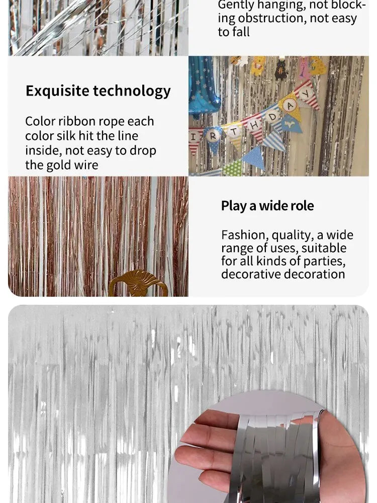 1x2M Silver Rose Gold Rain Tinsel Curtain First Happy Birthday Wedding Decoration Adult Kids Baby Boy Girl 1st One Year Decor