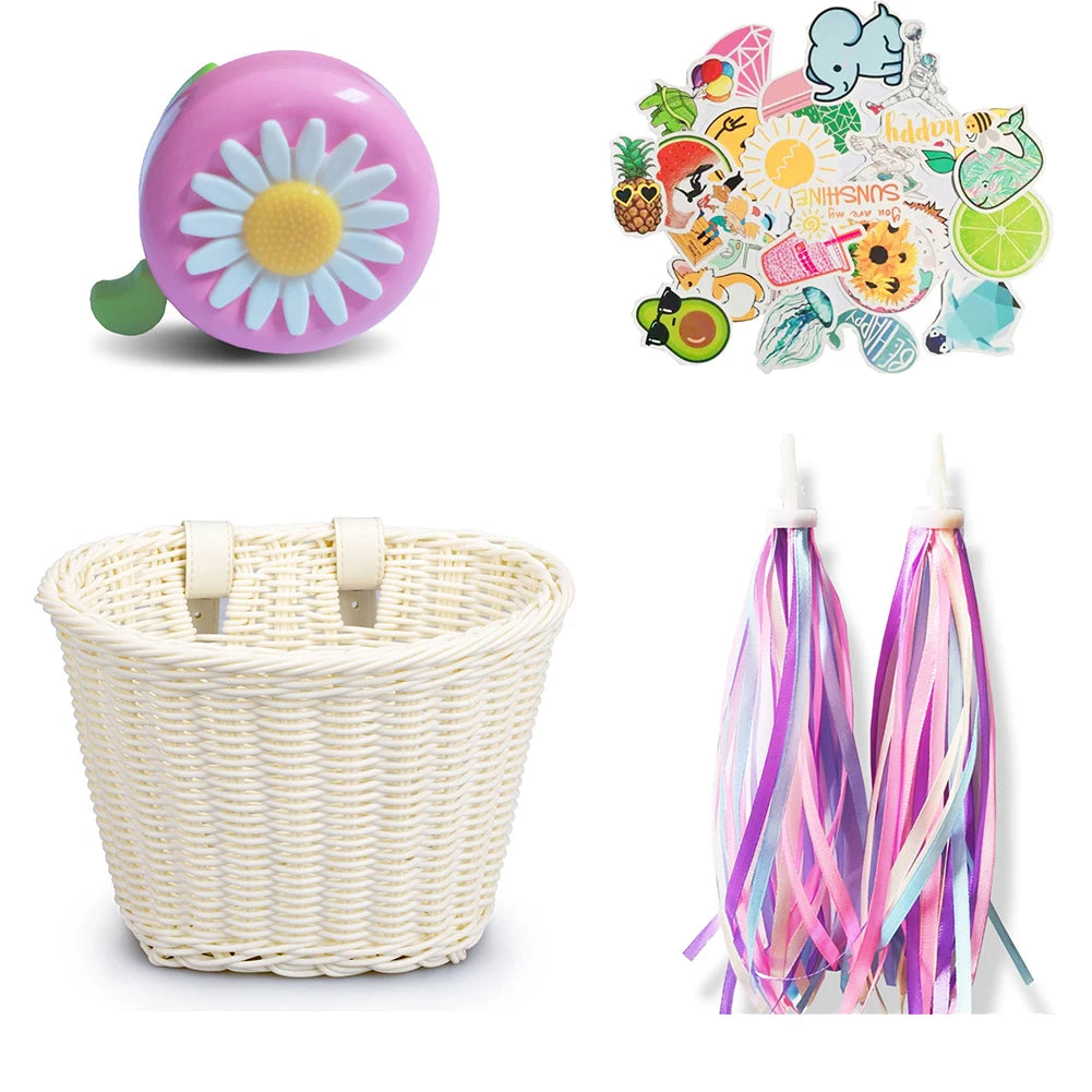 4pcs/Set PE Rattan Wicker Bicycle Front Basket+Bell+Tassel+Stickers Adjustable Handwoven Kid Adult Bike Handlebar Accessories