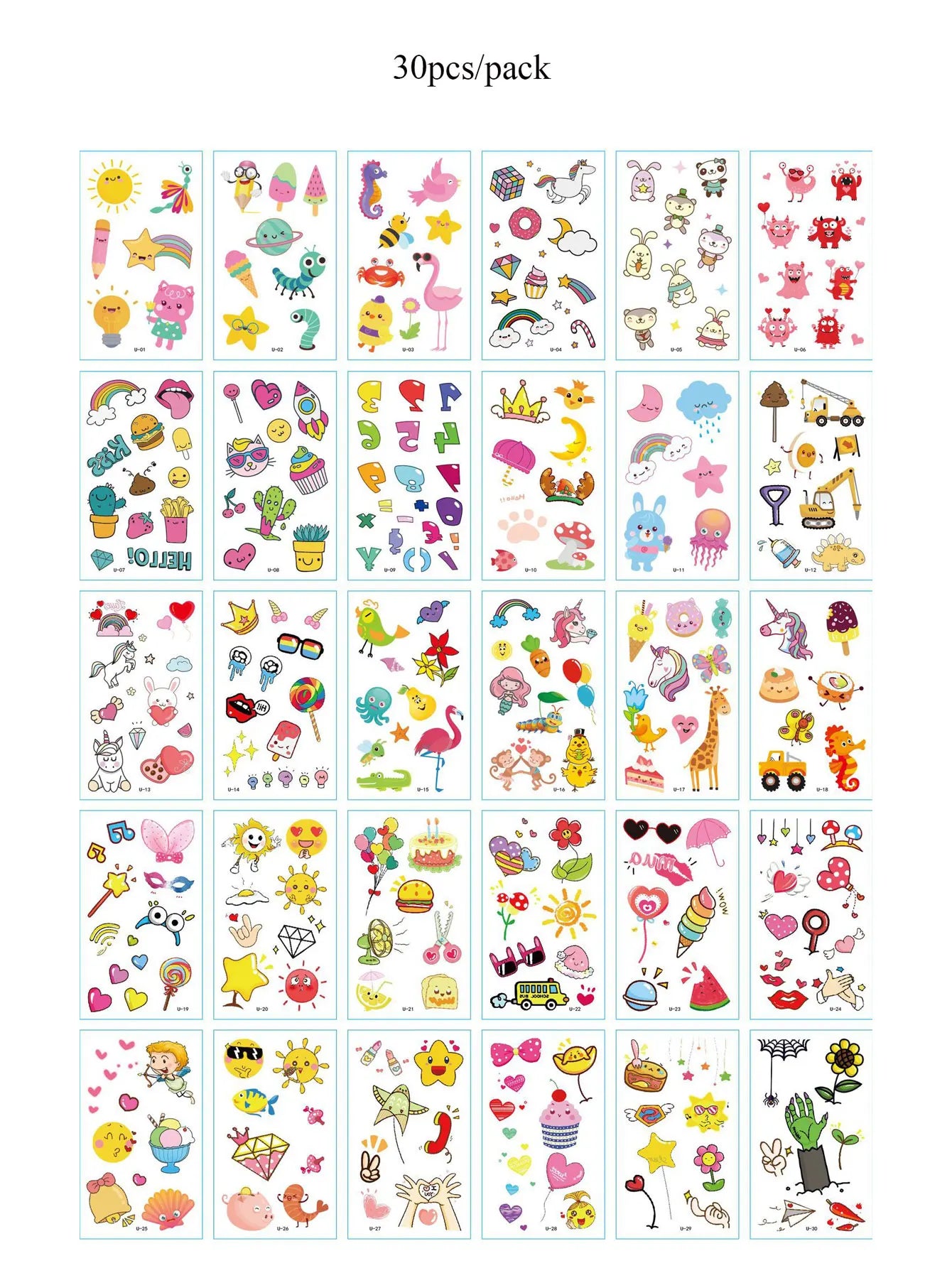 30 Sheets Cute Cartoon Temporary Tattoos for Hands Waterproof Tattoo Stickers for Children Rainbow Fruit Moon Fake Finger Tattoo