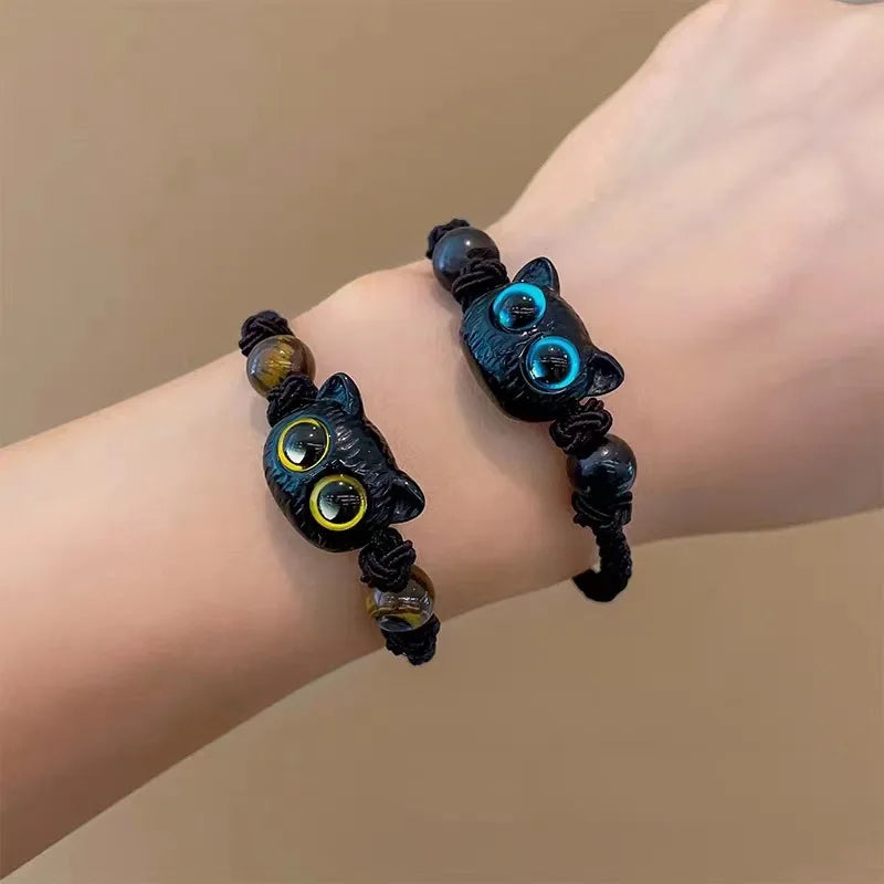 Cute Cat Couple Bracelet Imitation Wood Crystal Braided Children Bracelet Fashion Jewelry Trendy Accessories