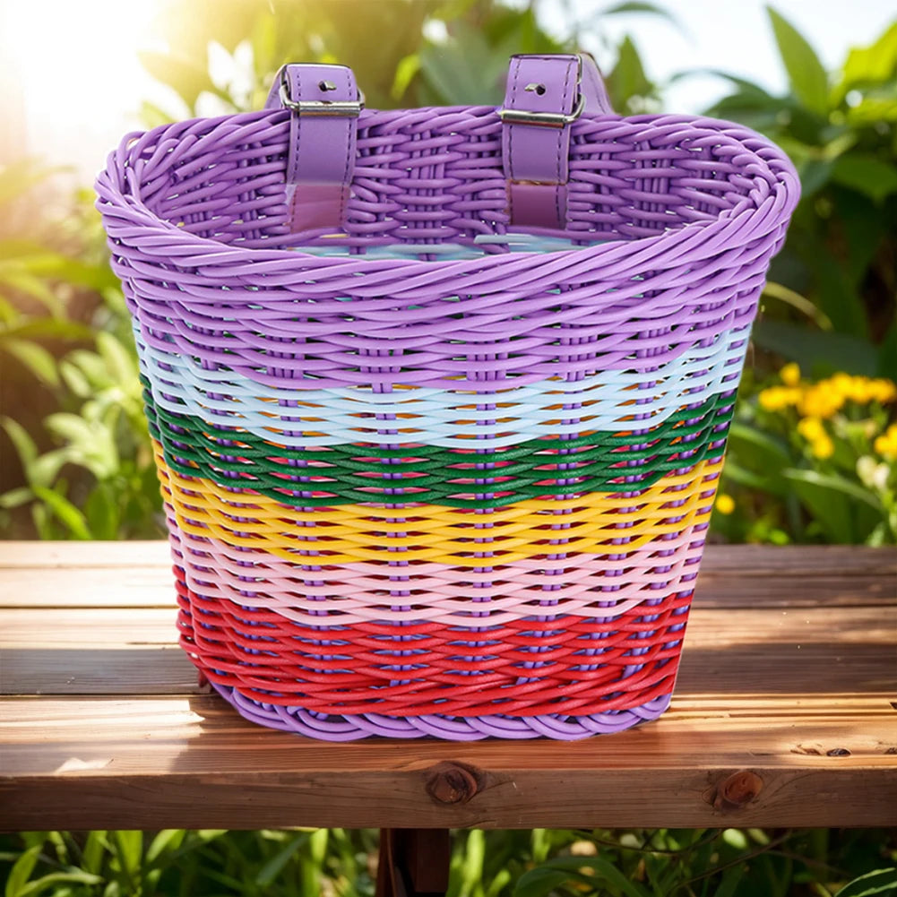 4pcs/Set PE Rattan Wicker Bicycle Front Basket+Bell+Tassel+Stickers Adjustable Handwoven Kid Adult Bike Handlebar Accessories