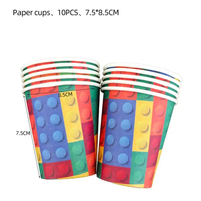 Building Blocks Theme Party Decor Supplies Disposable Tableware Cup Cake Topper Balloon Backdrop For Birthday Party Decoration