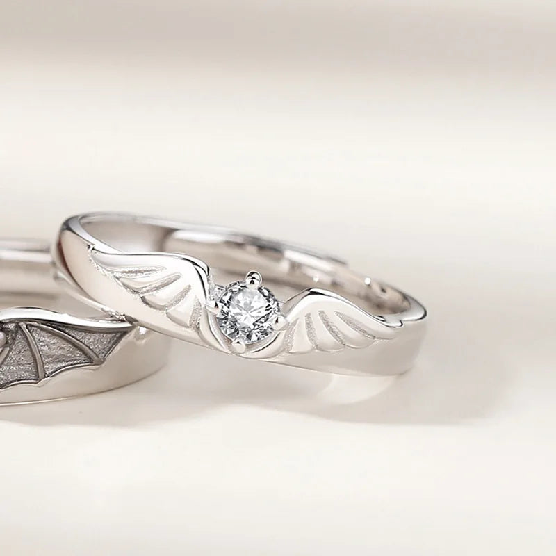 Luxury Crystal Angel Demon Couple Rings for Women Men Romantic Fashion Wings Design Adjustable Engagement Ring Wedding Jewelry