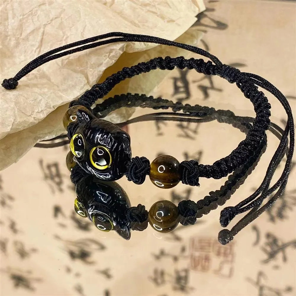Cute Cat Couple Bracelet Imitation Wood Crystal Braided Children Bracelet Fashion Jewelry Trendy Accessories
