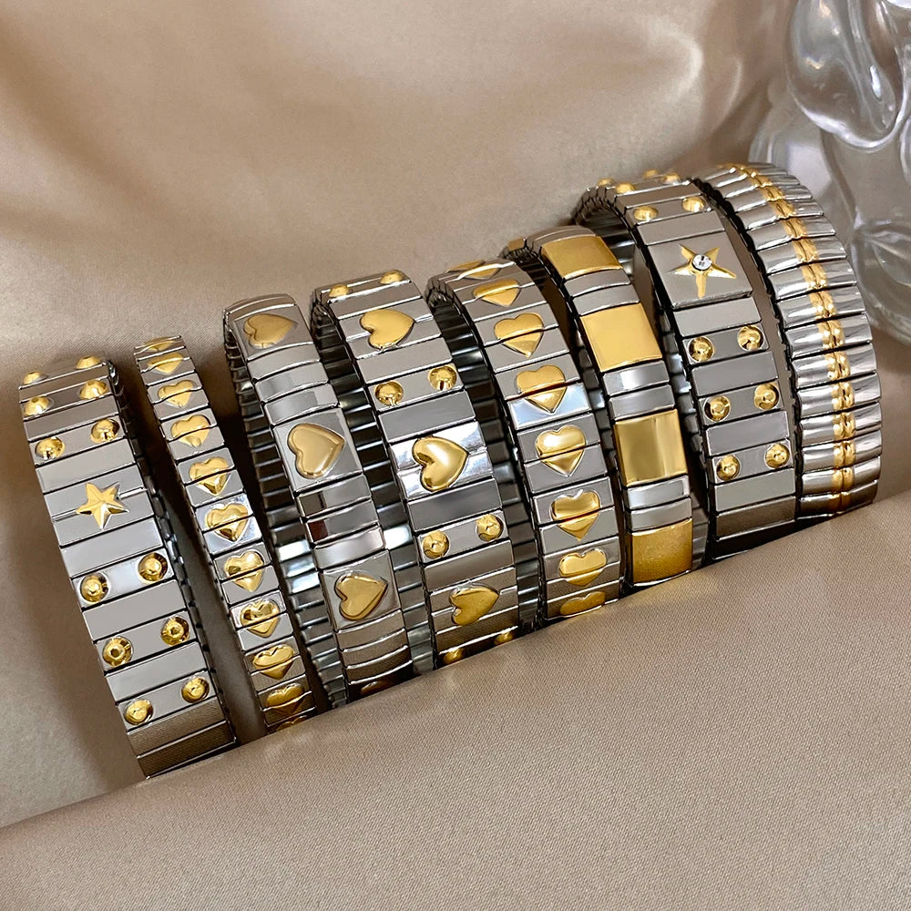 AENSOA Vintage Elasticity Stainless Steel Bangles Bracelet for Women Classic Heart Square Adjustable Wristband Waterproof Bangle