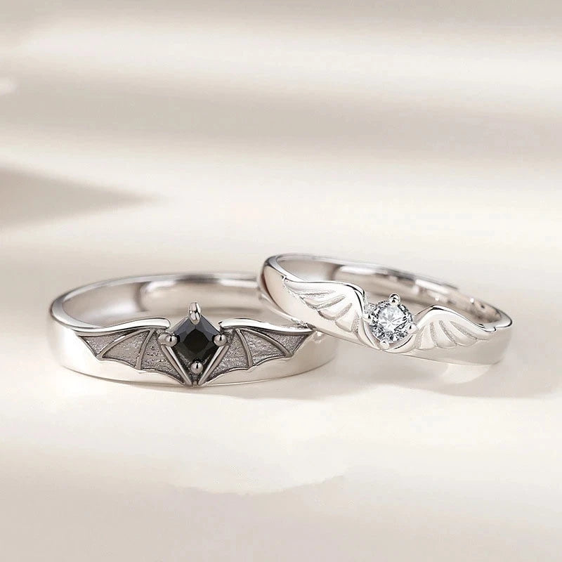 Luxury Crystal Angel Demon Couple Rings for Women Men Romantic Fashion Wings Design Adjustable Engagement Ring Wedding Jewelry