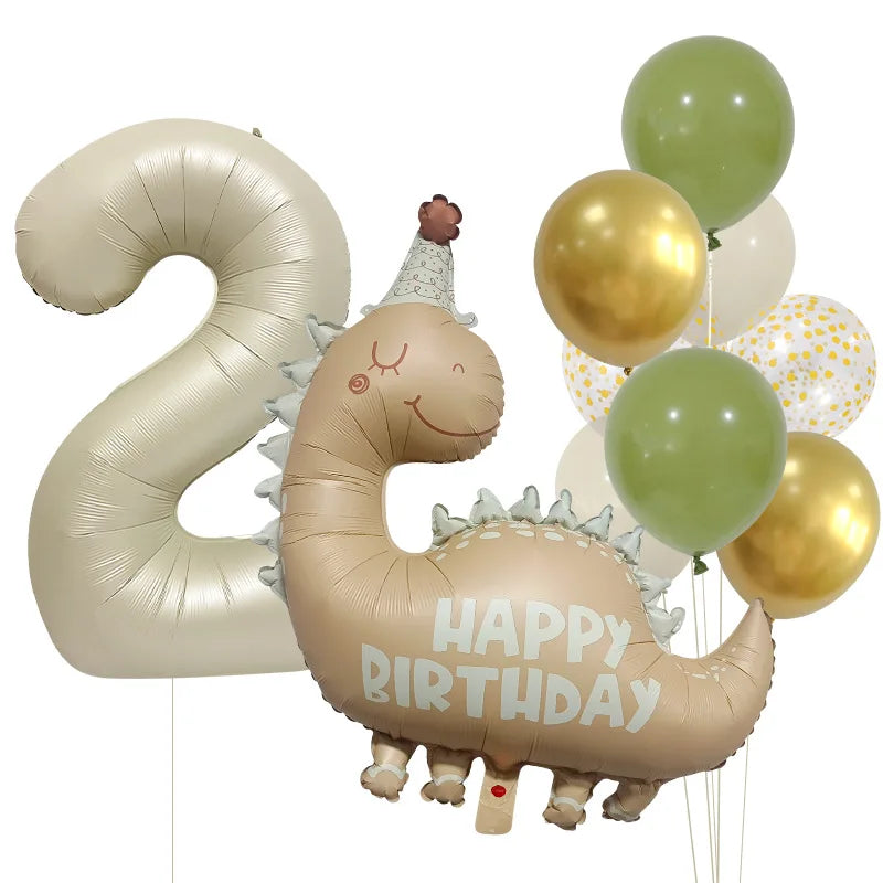 Retro Matte Caramel Colored Dinosaur Aluminum Film Number Balloon Set Happy Birthday Party Decoration Kids Background Photo Prop