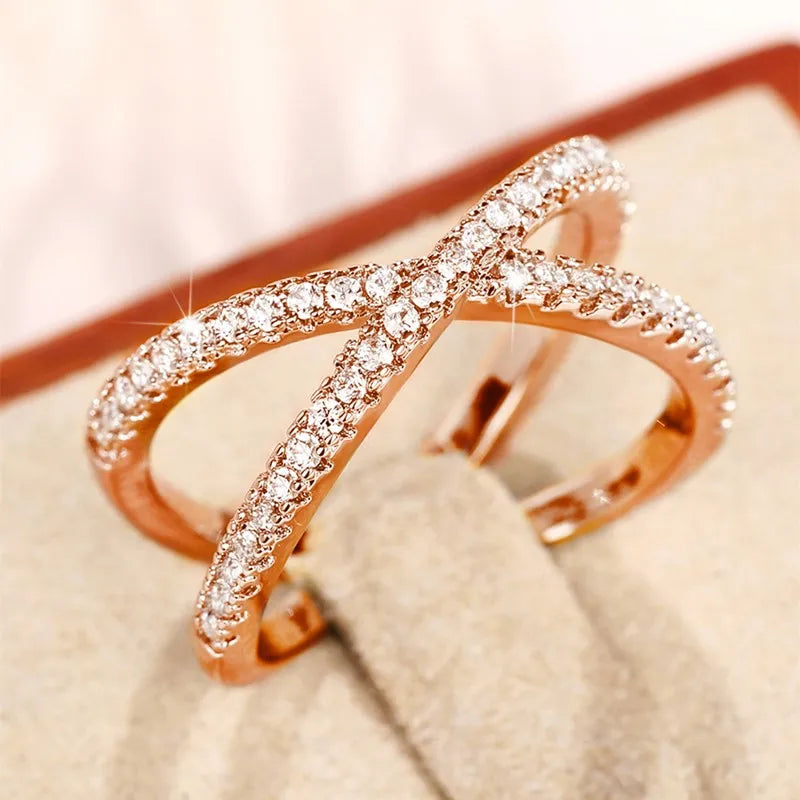 Simple Stylish Cross Shape Cubic Zirconia Rings for Women Fashon Female Finger Accessory Wedding Bands Statement Jewelry