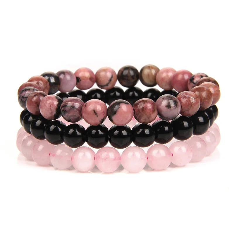 3Pcs Natural Stone Bracelet 8mm Rhodonite Rose Pink Quartzs Amethysts Hematite Bracelets For Women Men Jewelry
