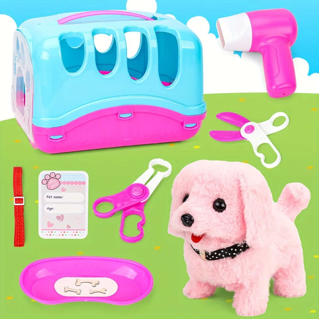 Pet Puppy Care Accessories with Dog House -Simulated Brador Dog Call Plush Toy - Children Interactive Vet Clinic Doctor - Role
