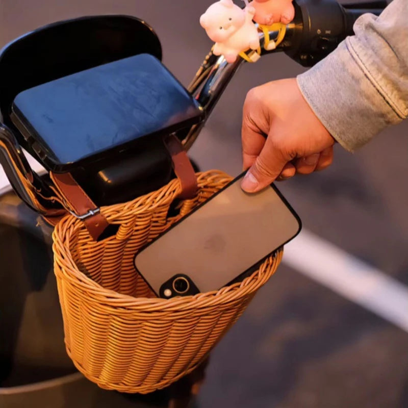 Bicycle Basket Rattan Woven Bike Storage Front Handlebar Basket Removable Waterproof Bicycle Pannier Basket Kid Bike Carrier Bag