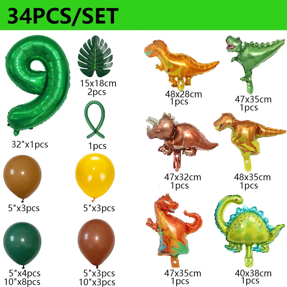 34Pcs 1 2 3 Years Dinosaur Birthday Party Dino Balloons Palm Leaf Set First Bthday Boy Party Kids Baby Shower Jungle Safari Deco