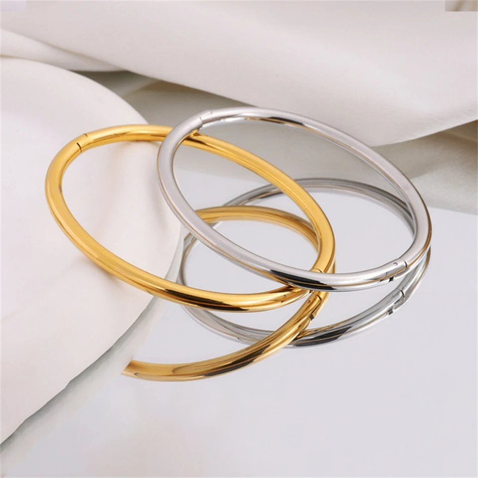 Yupsk Glossy Gold Color Stainless Steel Cuff Bangle for Women Smooth Thin Cylinder Bracelet Exquisite Waterproof Jewelry Gift