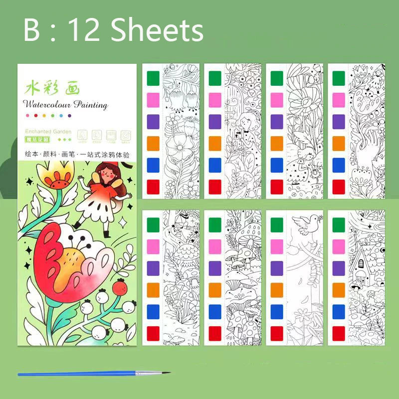Portable Watercolor Painting Book 12 Sheets Coloring Book With Paint Brush Gouache Book Kids Graffiti Picture Drawing Toys